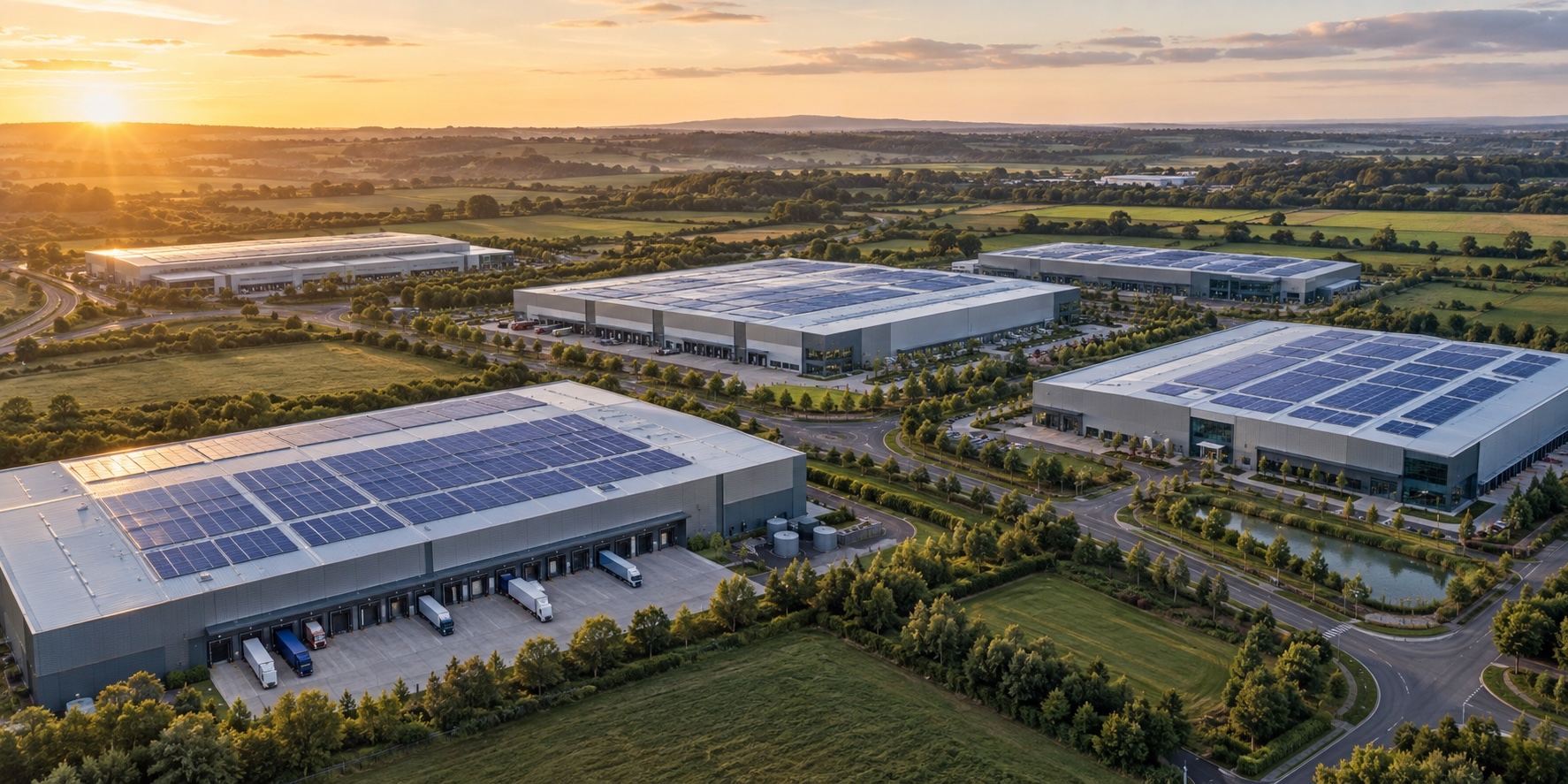 Illustration of a landscaped commercial property portfolio with rooftop solar arrays